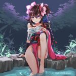  1girl bangs bare_shoulders breasts brown_eyes brown_hair closed_mouth dragalia_lost feet_out_of_frame flower fundoshi hair_flower hair_ornament highres japanese_clothes large_breasts long_hair looking_at_viewer mukatsukupochi night night_sky sitting sky soaking_feet yachiyo_(dragalia_lost) 