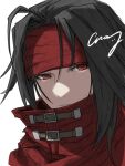  1boy bandana black_hair cloak crazy02oekaki final_fantasy final_fantasy_vii frown headband long_hair looking_to_the_side male_focus messy_hair pale_skin red_eyes solo vincent_valentine white_background 