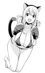  1girl animal_ears barefoot breasts cat_ears cat_tail cleavage commentary_request fairy_tail fake_animal_ears full_body gloves greyscale large_breasts looking_at_viewer lucy_heartfilia monochrome open_mouth simple_background solo swimsuit tail tamagoroo white_background 
