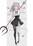  1girl :q ahoge akamatsu_kaede alternate_costume asymmetrical_footwear bandaged_leg bandages bangs banned_artist bare_arms bare_shoulders black_dress black_footwear black_ribbon black_wings blonde_hair bow breasts brown_legwear collared_shirt danganronpa_(series) danganronpa_v3:_killing_harmony demon_horns demon_tail detached_wings dress english_text eyebrows_visible_through_hair floating_hair full_body grey_background hair_ornament happy_halloween highres holding holding_weapon horns large_breasts long_hair long_sleeves looking_at_viewer mini_wings mismatched_footwear nabekokoa nail_polish neck_ribbon pantyhose pink_eyes polearm red_nails ribbon shiny shiny_hair shirt shoes single_leg_pantyhose single_thighhigh skindentation sleeveless smile solo striped striped_bow striped_dress symbol-only_commentary tail thighhighs thighhighs_over_pantyhose tongue tongue_out trident weapon weapon_behind_back white_background white_bow white_footwear wings 