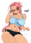  1girl absurdres arm_up artist_name black_shorts blue_tank_top breasts brown_eyes covered_nipples crop_top glasses highres highschool_of_the_dead large_breasts long_hair micro_shorts midriff navel pink_hair shorts solo sweat takagi_saya tank_top white_background whoopsatro 