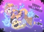  1girl bangs black_footwear breasts floating ghost halloween jack-o&#039;-lantern japanese_clothes kimono large_breasts mary_janes open_mouth pink_eyes pink_hair pumpkin saigyouji_yuyuko shoes short_hair solo tanasuke touhou triangular_headpiece wavy_hair wide_sleeves 