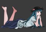  1girl bare_legs barefoot blue_hair blue_skirt breasts commentary_request eyebrows_visible_through_hair feet food fruit full_body grey_background hat highres hinanawi_tenshi long_hair lying medium_breasts namauni on_stomach own_hands_clasped own_hands_together peach peach_hat_ornament red_eyes shirt short_sleeves simple_background skirt smile solo the_pose touhou white_shirt 