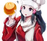  1girl ? absurdres artist_name ball beanie blue_eyes blue_hair breasts coat commentary dawn_(pokemon) gold hair_ornament hairclip hand_up hat highres holding holding_ball korean_commentary long_hair long_sleeves looking_up my700 open_mouth pokemon pokemon_(game) pokemon_dppt pokemon_platinum red_coat scarf shirt signature simple_background small_breasts solo teeth upper_body white_background white_headwear white_scarf white_shirt 