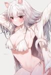  1girl animal_ears armpits arms_up bangs bare_shoulders bikini breasts cat_ears cat_girl cat_tail cleavage collarbone commentary eyebrows_visible_through_hair front-tie_bikini front-tie_top grey_background hair_between_eyes hair_ornament hairclip highres looking_at_viewer mafuyu_(chibi21) medium_breasts open_clothes open_shirt original parted_lips red_eyes shirt side-tie_bikini signature silver_hair simple_background solo swimsuit symbol-only_commentary tail wet wet_hair white_bikini white_shirt 