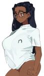  1girl absurdres black_hair breasts brown_eyes commentary cowboy_shot dark-skinned_female dark_skin english_commentary freckles gigi_(whoopsatro) glasses highres large_breasts long_hair original shirt short_sleeves simple_background solo white_background white_shirt whoopsatro 