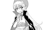  1girl cape curly_hair fang gloves goggles goggles_on_head greyscale hat koharu_sasara long_hair looking_at_viewer marivel_armitage monochrome pointy_ears simple_background smile solo vampire wild_arms wild_arms_2 