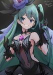  1girl bangs bare_shoulders blue_eyes blue_hair breasts choker covered_navel dragalia_lost halloween_costume hat highres long_hair medium_breasts odetta_(dragalia_lost) official_alternate_costume punished_pigeon smile 