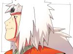  1boy bangs black_eyes border chopsticks closed_eyes facepaint fingernails forehead_protector hair_between_eyes holding japanese_clothes jiraiya_(naruto) long_hair male_focus naruto naruto_(series) ninja ponytail simple_background smile solo spiked_hair white_background white_hair yazakc 