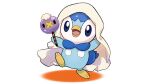 blanket blue_eyes commentary_request halloween holding leg_up no_humans official_art open_mouth piplup pokemon pokemon_(creature) project_pochama smile solo standing standing_on_one_leg tongue white_background 