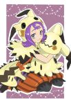  1girl :3 acerola_(pokemon) bangs black_gloves black_legwear capelet closed_mouth commentary_request eyelashes flipped_hair gloves grey_eyes highres holding holding_pokemon hood hooded_capelet legwear_under_shorts mimikyu multicolored_footwear official_alternate_costume orange_shorts pantyhose pokemon pokemon_(creature) pokemon_(game) pokemon_masters_ex purple_hair shaaamooojiii shoes shorts smile striped striped_shorts themed_object vertical-striped_shorts vertical_stripes waist_cape 