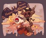  candy_wrapper celebi commentary_request dated halloween_bucket happy_halloween heart highres holding leels looking_down no_humans phantump pokemon pokemon_(creature) pumpkaboo sparkle 