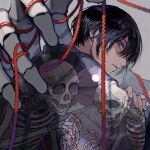  1boy black_hair bone hands highres horror_(theme) lying male_focus on_stomach original purple_eyes rope short_hair skeleton uminonew 