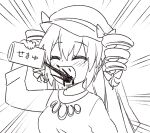  1girl can closed_eyes dress drill_hair drinking emphasis_lines hair_ribbon happy hat jeno jewelry keffiyeh mob_cap monochrome oil open_mouth pendant ribbon short_hair solo touhou touhou_gouyoku_ibun translated twin_drills yorigami_jo&#039;on 