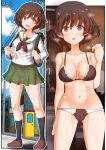  1girl akiyama_yukari aquaegg arm_behind_back artist_name backpack bag bangs black_bra black_legwear black_neckerchief black_panties blouse blush bra breasts brown_eyes brown_footwear brown_hair commentary_request crotch_seam day eyebrows_visible_through_hair frown girls_und_panzer green_skirt groin highres indoors loafers long_sleeves looking_at_viewer medium_breasts messy_hair miniskirt multiple_views navel neckerchief ooarai_school_uniform open_mouth outdoors outline outside_border panties pleated_skirt power_lines sailor_collar school_uniform serafuku shoes short_hair signature skirt smile socks standing steam sweat twitter_username underwear underwear_only utility_pole white_blouse white_outline white_sailor_collar 