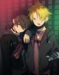  2boys arm_on_shoulder bag bandaid bandaid_on_neck bangs black_choker blonde_hair brown_hair choker clothes_writing cross cross_necklace ear_piercing green_eyes hair_between_eyes hand_in_pocket highres hood hood_down hooded_jacket jacket jewelry long_sleeves looking_at_viewer male_focus mask mask_pull mouth_mask multiple_boys necklace one_eye_closed open_mouth original parted_lips piercing pillow_(nutsfool) red_eyes shirt spiked_hair upper_body 