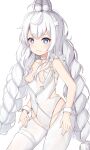  1girl absurdres ahoge ahoge_wag animal_ear_fluff animal_ears azur_lane bare_shoulders between_breasts blue_eyes braid breasts breasts_outside child choker closed_mouth collarbone expressive_hair eyebrows_visible_through_hair frills frown hair_between_eyes hair_ornament highres le_malin_(azur_lane) le_malin_(listless_lapin)_(azur_lane) legs_apart leotard long_hair nyuu_(pixiv12143565) o-ring o-ring_choker official_alternate_costume pantyhose playboy_bunny rabbit_ears simple_background small_breasts symbol-shaped_pupils thigh_strap thighs twintails white_background white_choker white_legwear white_leotard wrist_cuffs x_hair_ornament 