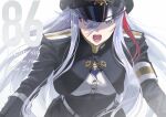  1girl 86_-eightysix- copyright_name cropped_jacket epaulettes grey_eyes hair_between_eyes hat high_collar long_hair long_sleeves looking_at_viewer military military_hat military_uniform multicolored_hair open_mouth peaked_cap shirabi shouting silver_hair streaked_hair uniform vladilena_millize 
