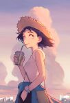  1girl bag black_hair commentary_request cumulonimbus_cloud cup disposable_cup drinking drinking_straw eringi25 hand_in_pocket handbag hat highres original outdoors shirt short_hair solo standing straw_hat sun_hat watch white_shirt wristwatch 