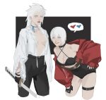  2girls bent_over blue_eyes choker commentary_request dante_(devil_may_cry) devil_may_cry_(series) fingerless_gloves genderswap genderswap_(mtf) gloves highres jacket leg_garter looking_at_viewer multiple_girls open_clothes pale_skin red_jacket short_hair siblings simple_background smile sword vergil_(devil_may_cry) weapon white_hair yaoyao794 