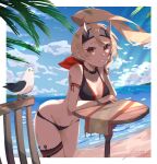  1girl alternate_costume aoi_(dragalia_lost) bangs bare_shoulders beach bird blonde_hair breasts closed_mouth dragalia_lost headband kanamaki_(siluxd_makiront) leaning_on_table long_hair looking_at_viewer pigeon swimsuit thigh_strap upper_body yellow_eyes 