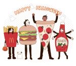  2boys 2girls :d alternate_costume arms_up bangs black_hair brother_and_sister brown_hair burger clenched_hands closed_eyes closed_mouth commentary_request facing_viewer food food-themed_clothes french_fries gloria_(pokemon) halloween happy happy_halloween ketchup_bottle korean_commentary long_sleeves looking_at_viewer marnie_(pokemon) mcdonald&#039;s morpeko morpeko_(full) multicolored_hair multiple_boys multiple_girls open_mouth outstretched_arms piers_(pokemon) pizza_slice pokemon pokemon_(creature) pokemon_(game) pokemon_swsh raihan_(pokemon) rioru_(rioru_v_v) short_hair siblings smile standing twintails two-tone_hair waving_arms 