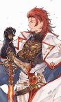  1boy belt cape commentary confetti cowboy_shot from_side gloves granblue_fantasy highres holding holding_sword holding_weapon looking_ahead male_focus medium_hair mumu_vosp percival_(granblue_fantasy) red_eyes red_hair solo standing sword turtleneck weapon white_background 