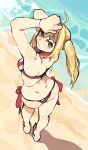  1girl absurdres ahoge arms_up ass bangs bare_shoulders beach bikini blonde_hair dimples_of_venus fate/grand_order fate_(series) from_behind full_body green_eyes highres long_hair looking_at_viewer looking_back nero_claudius_(fate) nero_claudius_(swimsuit_caster)_(fate) ocean sand shadow sidelocks smile solo striped striped_bikini swimsuit twintails water whoopsatro 