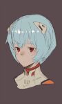  1girl ayanami_rei bangs blue_hair bodysuit closed_mouth collagen commentary_request face hair_ornament highres interface_headset neon_genesis_evangelion plugsuit red_eyes short_hair simple_background solo white_bodysuit 