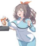  1girl 1other bag bangs blue_pants blush breast_grab breasts brown_eyes brown_hair candy collared_jacket commentary_request food grabbing groping hair_ribbon hands_up high_ponytail holding holding_bag idolmaster idolmaster_shiny_colors jack-o&#039;-lantern jacket large_breasts long_hair long_sleeves multicolored_clothes multicolored_jacket open_mouth orange_ribbon out_of_frame pants partially_unzipped plastic_bag ribbon sakana_(flame_sakana) shirt simple_background solo_focus sweat track_jacket transparent tsukioka_kogane v-shaped_eyebrows white_background white_shirt 