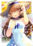  1girl :d arm_up bangs bare_arms bare_shoulders blue_bow blurry blurry_background blush bow breasts brown_hair brown_headwear collarbone commentary_request commission depth_of_field dress facing_viewer frilled_dress frills hair_over_eyes hand_on_headwear hand_up hat kou_hiyoyo long_hair medium_breasts original pointy_ears skeb_commission smile solo strapless strapless_dress straw_hat transparent_wings very_long_hair white_dress 