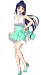  1girl :d armpits bare_legs bare_shoulders blue_eyes blue_footwear blush bow breasts cleavage collarbone dress full_body high_heels high_ponytail highres long_hair looking_at_viewer love_live! love_live!_sunshine!! matsuura_kanan medium_breasts open_mouth ponytail purple_eyes simple_background smile solo tomo_kusugawa very_long_hair white_background white_dress 