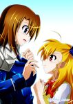  2girls absurdres ahoge artist_name blue_eyes blush bow breasts eye_contact eyebrows_visible_through_hair hair_ribbon highres jacket jacket_on_shoulders large_breasts long_hair long_sleeves looking_at_another lyrical_nanoha mahou_senki_lyrical_nanoha_force multiple_girls nervous open_mouth pout rappasan05 red_bow red_eyes ribbon short_sleeves sidelocks st._hilde_academy_of_magic_uniform sweatdrop tsab_ground_military_uniform twitter_username upper_body vivio yagami_hayate 