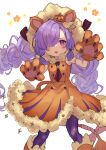  1girl animal_costume animal_ears animal_hands boots braid dress fake_animal_ears fang feet_out_of_frame food-themed_hair_ornament fur-trimmed_dress fur_trim gloves granblue_fantasy hair_ornament hair_over_one_eye highres lion_costume long_hair looking_at_viewer necktie niyon_(granblue_fantasy) official_alternate_costume orange_dress orange_footwear paw_gloves peki9606 pumpkin_hair_ornament purple_eyes purple_hair purple_legwear simple_background skin_fang solo twin_braids very_long_hair white_background 