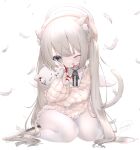  1girl :q absurdres angel angel_wings animal_ear_fluff animal_ears artist_name bangs black_ribbon blood blood_on_face blood_on_hands blush cat_ears character_request child closed_mouth clothing_request commentary crossed_bangs eyebrows_visible_through_hair feathers full_body grey_eyes grey_hair hair_spread_out hand_up highres indie_virtual_youtuber long_hair long_sleeves looking_at_viewer mirukutarou object_hug one_eye_closed pantyhose puffy_sleeves ribbon sidelocks signature simple_background sitting smile solo stuffed_animal stuffed_toy tail teddy_bear tongue tongue_out very_long_hair virtual_youtuber wariza white_background white_legwear wings 