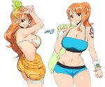  1girl absurdres artist_name bangs bikini bikini_top bikini_under_clothes black_eyes blue_shorts blue_sports_bra breasts cleavage commentary cowboy_shot from_side highres long_hair midriff multiple_views nami_(one_piece) navel one_piece one_piece:_stampede orange_hair orange_overalls overalls ponytail shorts simple_background smile sports_bra swimsuit tattoo white_background white_bikini whoopsatro 