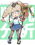  1girl abacus bangs blonde_hair blue_eyes chibi chinese_clothes determined dragalia_lost fukumitsu_0025 full_body glasses holding holding_weapon long_hair open_mouth pantyhose weapon xiao_lei 