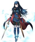  1girl ameno_(a_meno0) bangs belt black_sweater blue_butterfly blue_cape blue_eyes blue_footwear blue_gloves blue_hair boots brown_belt bug butterfly cape closed_mouth falchion_(fire_emblem) fingerless_gloves fire_emblem fire_emblem_awakening floating_hair full_body gloves hair_between_eyes holding holding_sword holding_weapon lips long_hair looking_at_viewer lucina_(fire_emblem) pink_lips red_cape ribbed_sweater serious sheath simple_background solo sweater sword symbol-shaped_pupils tiara turtleneck turtleneck_sweater two-tone_cape weapon white_background 
