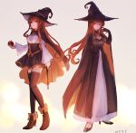  2girls alternate_costume apple black_cape black_cloak black_gloves black_headwear black_legwear brown_eyes brown_hair cape cloak dual_persona elbow_gloves food fruit full_body gloves hat helena_(kancolle) highres holding holding_food holding_fruit holding_wand kantai_collection long_hair multicolored_cape multicolored_cloak multicolored_clothes multiple_girls one_eye_closed orange_cape orange_cloak standing thighhighs wand witch_hat wss_(nicoseiga19993411) 