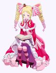  1girl beatrice_(re:zero) blonde_hair blue_eyes blush book bow capelet crown dress drill_hair frills fur_trim hair_ribbon long_hair long_sleeves mini_crown open_book pantyhose pink_bow re:zero_kara_hajimeru_isekai_seikatsu ribbon solo ssword striped striped_legwear symbol-shaped_pupils twin_drills twintails 