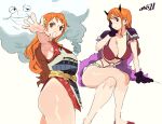  1girl absurdres armor armpits artist_name bikini bikini_top black_horns breasts brown_eyes cape cloud crossed_legs flower hair_flower hair_ornament highres horns invisible_chair large_breasts long_hair multiple_views nami_(one_piece) one_piece orange_hair pauldrons red_bikini shoulder_armor simple_background sitting swimsuit white_background whoopsatro yellow_flower zeus_(one_piece) 