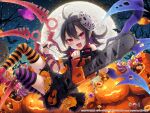  1girl asymmetrical_legwear asymmetrical_wings black_dress black_hair blue_wings breasts candy chainsaw dress fang food full_moon hair_between_eyes halloween highres hockey_mask houjuu_nue jack-o&#039;-lantern lollipop looking_at_viewer mask medium_breasts mismatched_legwear moon night night_sky open_mouth pumpkin red_eyes red_wings second-party_source skin_fang sky smile snake solo striped striped_legwear touhou touhou_danmaku_kagura toutenkou ufo v-shaped_eyebrows wings 