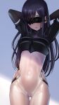  1girl alice_gear_aegis arms_behind_head arms_up bangs black_blindfold black_hair blindfold blush bodysuit commentary_request covered_navel crop_top eyebrows_visible_through_hair highres kagome_misaki long_hair long_sleeves no_panties parted_lips sasayuki see-through solo standing swept_bangs thigh_gap white_bodysuit 