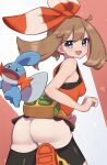  1girl :d ass bangs bare_arms bike_shorts bike_shorts_under_shorts blush bow_hairband breasts brown_hair commentary eyelashes fanny_pack grey_eyes hairband highres looking_at_viewer looking_back may_(pokemon) mudkip nuneno open_mouth orange_hairband orange_shirt pokemon pokemon_(creature) pokemon_(game) pokemon_oras shirt shorts sleeveless sleeveless_shirt smile tongue white_shorts yellow_bag 