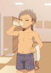  1boy bare_arms bare_legs bare_pectorals bare_shoulders boxers closed_eyes drinking grey_hair highres indoors leeksaltboy locker locker_room male_focus male_underwear milk navel original pectorals solo spilled_milk spilling underwear 