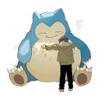  1boy black_pants brown_hair claws commentary_request fluffy fur-trimmed_hood fur_trim green_jacket hood hug jacket long_sleeves male_focus newo_(shinra-p) outstretched_arm pants pokemon pokemon_(creature) shoes short_hair snorlax standing 