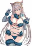  1girl anastasia_(fate) animal_ear_fluff animal_ears ass_visible_through_thighs bangs bare_shoulders blue_eyes blush breasts claw_pose cleavage cosplay elbow_gloves eyebrows_visible_through_hair fate/grand_order fate_(series) fur-trimmed_gloves fur-trimmed_legwear fur_collar fur_trim gloves hair_over_one_eye hairband halloween_costume harimoji highres large_breasts looking_at_viewer mash_kyrielight mash_kyrielight_(dangerous_beast) mash_kyrielight_(dangerous_beast)_(cosplay) navel o-ring revealing_clothes ribs silver_hair tail thighhighs white_background wolf_ears wolf_tail 