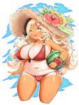  +_+ 1girl :d belly bikini blonde_hair blue_archive blush breasts cameltoe covered_nipples cropped_legs flower food front-tie_bikini front-tie_top fruit hair_ornament hairclip hat hat_flower havilaladlf hibiscus highres horns izumi_(blue_archive) large_breasts long_hair o-ring o-ring_bikini plump scrunchie side-tie_bikini smile straw_hat sunflower swimsuit tan tanlines very_long_hair watermelon wavy_hair wrist_scrunchie yellow_eyes 