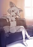  1girl :p animal_ears bangs bikini blush breasts commentary couch crossed_legs elbow_gloves extra_ears eyebrows_visible_through_hair fennec_(kemono_friends) fox_ears fox_girl fox_tail full_body gloves head_tilt highres indoors kemono_friends looking_at_viewer masuyama_ryou muted_color short_sleeves sitting small_breasts solo string_bikini swimsuit tail thighhighs tongue tongue_out window 