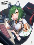  1girl bangs black_gloves black_legwear black_shirt breasts brown_eyes brown_shorts chair closed_mouth collared_shirt commentary commission english_commentary eyebrows_visible_through_hair fumitsuki_kageri gloves green_hair grey_background headgear highres indie_virtual_youtuber keyboard_(computer) kuro_kosyou large_breasts looking_at_viewer microphone monitor necktie office_chair on_chair orange_necktie see-through shirt short_eyebrows shorts skeb_commission smile solo thick_eyebrows thighhighs virtual_youtuber wide_sleeves 